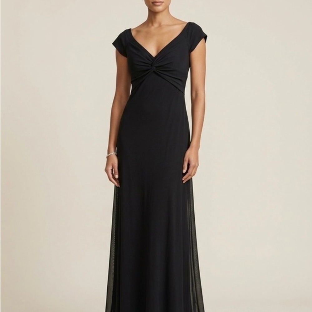 DAVID MEISTER Black Twist Front Cap Sleeve Maxi Gown